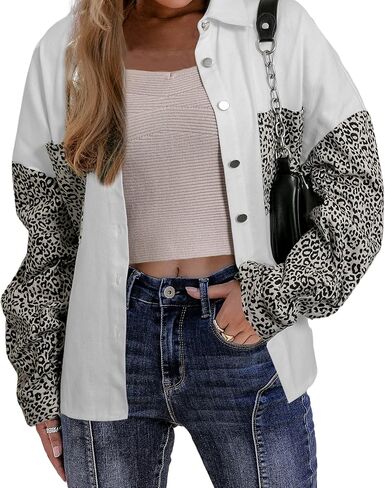 BerryGo 2021 New Women's Oversized Leopard Vintage Denim Jacket Long Sleeve Button Down Boyfriend Jean Jacket in Kuwait