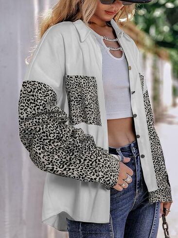 BerryGo 2021 New Women's Oversized Leopard Vintage Denim Jacket Long Sleeve Button Down Boyfriend Jean Jacket in Kuwait