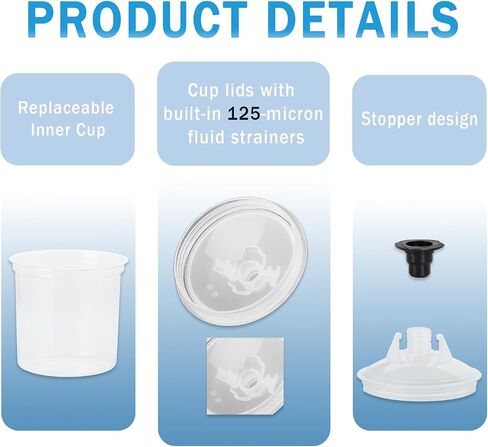Disposable Paint Sprayer Mixing Cup Kit with 125 Mic 27 Ounce (800ml) Kit 45 Cup Liners,45 Lids, 1 Hard Cup,1 Retainer Ring and 10 Plugs in Saudi Arabia