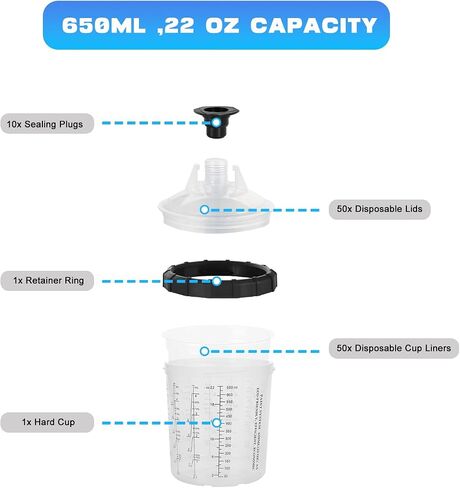 Disposable Paint Sprayer Mixing Cup Kit with 125 Mic 27 Ounce (800ml) Kit 45 Cup Liners,45 Lids, 1 Hard Cup,1 Retainer Ring and 10 Plugs in Saudi Arabia