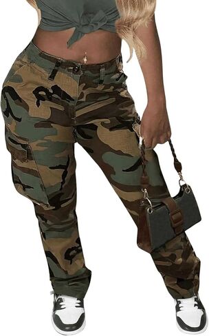 Floerns Women's Camo Print Cargo Pants Button Zipper Front Flap Pocket Long Pant in Saudi Arabia