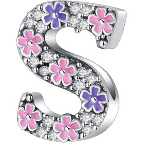Flowers 925 Sterling Silver Initial A-Z Letter Charm for Bracelets & Necklaces with 5A Cubic Zirconia Jewelry Gift for Women