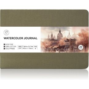 Lightwish Watercolor Sketchbook, 100% Cotton Cold Press Art Supplies Watercolor Paper Journal 3.8 * 5.1In, 20 Sheets (140lb/300gsm), Acid-Free for Watercolors, Gouache, Acrylics