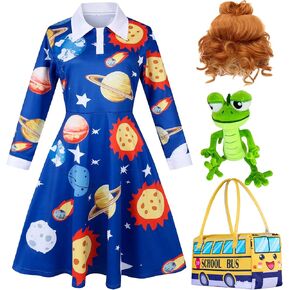 4 Pcs Ms Frizzle Dress Costume Women Teacher Halloween Costume Set with Wig School Bus Bag Plush Toys Accessories Set