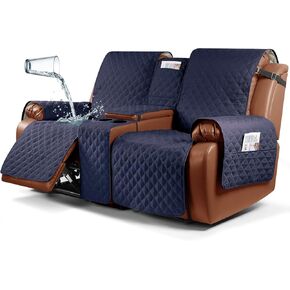 Ruaozz Waterproof Recliner Sofa Cover with Console Non-Slip Recliner Loveseat Cover Pet Cover for Double Recliner Sofa Cover with Elastic Straps for Kid Dogs Pets (Dark Blue, 2 Seater)