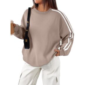 Trendy Queen Sweatshirt for Women Oversized Crewneck Striped Shirts Pullover Sweaters Fall Fashion 2024 Clothes y2k Hoodies Teen Girls Outfits Cute Long Sleeve Tops Coffeegrey M