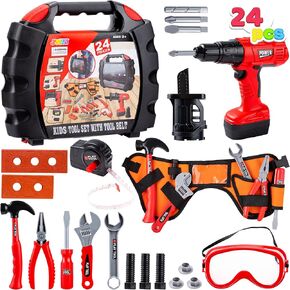 JOYIN 24Pcs Kid Tool Set, Pretend Play Toddler Tool Toy with Construction Worker Belt & Electric Toy Drill in Carry Case for Boy Girl Halloween Present Birthday Dress Up Party