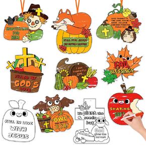 Color Your Own Fall Kit for Kids - 80Pcs Autumn Christian DIY Coloring Craft Kit Fall Cross Maple Leaves Pumpkin Ornament Cards for School Classroom Thanksgiving Harvest Party Activity Art Project