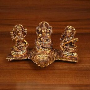 Kalakriti God Idols for Pooja|Metal Antique Ganesh Laxmi Saraswati Murti for Home Decor| Decorative Platter with Diya| Ganpati for Diwali Decoration,Golden