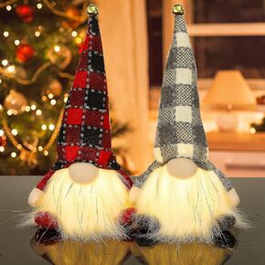 Juegoal 2 Pack Lighted Christmas Gnomes, 12 Inch Handmade Plush Scandinavian Swedish Tomte with Buffalo Plaid Hat, Light Up Elf Toy Holiday Present, Battery Operated Xmas Gifts Winter Tabletop Decor