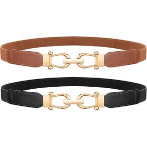 LEACOOLKEY 2 Pack Women Skinny Stretch Belts for Dress Elastic Thin Waist Belt with Gold Buckle for Jeans