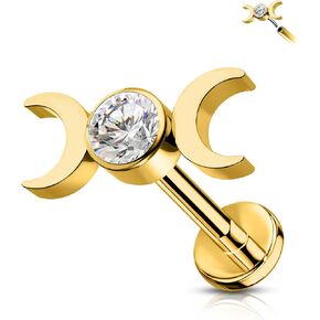 CM Crareesi Mania Threadless Push-in Tragus Earrings Flat Back Earrings Helix Piercing Stud Earrings 16G Moon Phase Cartilage Earring Stud 316L Stainless Steel Labret Lip Ring