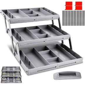 Multi Level Smart Drawer Organizer, 3 Tier Expandable Desk Organizer with Dividers Stickers and Drawer Pull, Collapsible Storage Tray for Make Up, Jewelry and Small Office Supplies
