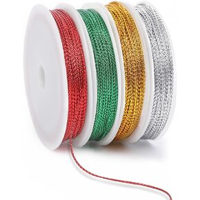 JUNEBRUSHS 87 Yards Christmas Metallic Cord Ornament String, Christmas Ribbon Cording Gold String Hanger for Crafts Ornaments Hanging Decoration Jewelry Making Gift Wrap (Gold, Silver, Red, Green)