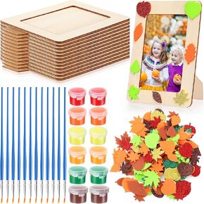Cholemy 25 Pcs Autumn DIY Picture Frames Craft Set Thanksgiving Wooden DIY Photo Frame with Leaves Stickers and Acrylic Paints for School Game Home Classroom Activities Party Decorations