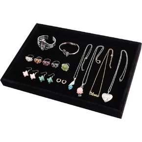 Mornajina 13.8" x 9.5" Velvet Jewelry Tray Jewelry Display Tray, Stackable Empty Plate Trays for Earrings Necklaces Bracelet Rings Display Showcase - Black