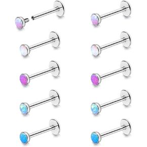 BodyAce 16G Flat Back Studs Cartilage Earrings, 316L Stainless Steel Lip Rings Barbell, 10pcs Labret Studs Opal Forward Helix Piercing Monroe Tragus Jewelry