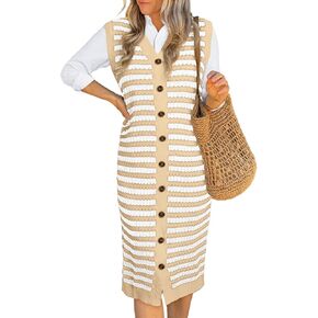 BLENCOT Women's V Neck Striped Sweater Tank Dress Causal Sleeveless Button Cardigan Midi Cover Up Dresses
