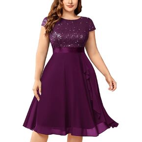 فستان نسائي من Knitee مقاس كبير مزين بالترتر والشيفون والكشكشة اللامعة وحفلات الكوكتيل والحفلات الراقصة in Kuwait