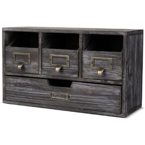 Flexzion Apothecary Cabinet with 4 Drawers - Vintage Rustic Wood Desktop Organizer for Home & Office Supplies - Tabletop Wooden Storage for Catalog, Card, Jewelry, Makeup, Craft & Tools