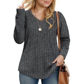 Plus-Size-V-Neck-Womens-Tops Dressy Long Sleeve T Shirts Trendy Lightweight Knit Sweaters Casual Loose Pullover Tunic