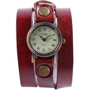 Genuine Leather Braided Strap Double Wrap Aound Watch for Women Vintage Bohemian Style Bronze Small 26mm Roman Number Dial Adjustable Wrap WatchBrown