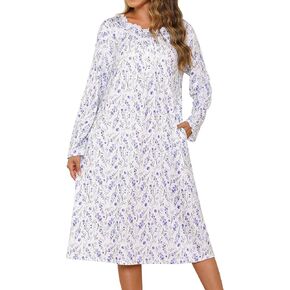 Marvmys Women Long Sleeve Nightgowns Cotton House Dress with Pockets Soft Nightshirt Sleepwears