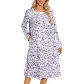 Marvmys Women Long Sleeve Nightgowns Cotton House Dress with Pockets Soft Nightshirt Sleepwears in Kuwait
