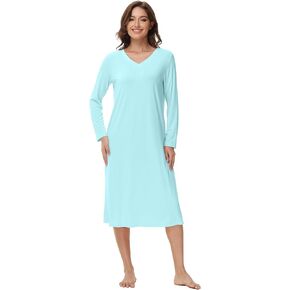 WiWi Nightgowns for Women Long Sleeve Night shirt Soft Sleepshirt Satin V Neck Sleepwear-Viscose Made from Bamboo S-XXL