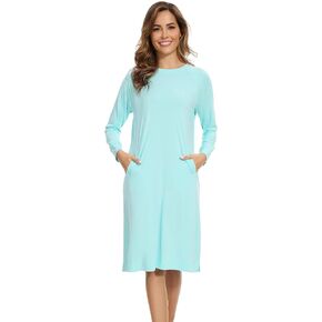 WiWi Women's Nightgowns-Viscose from Bamboo Long Sleeve Pajama Gwons Nightshirts Soft Sleepshirt with Pockets S-XXL