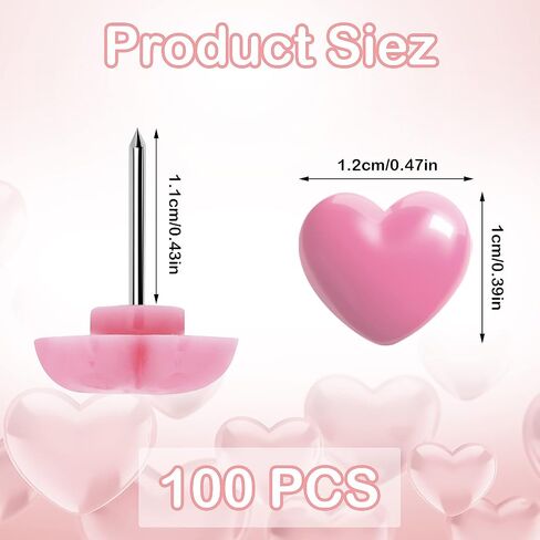 TIESOME 100 قطعة دبابيس دفع، 0.47 بوصة دبابيس إبهام مزخرفة لطيفة على شكل قلب دبابيس دفع إبهام للمنزل والمدرسة والمكتب ولوحة الفلين (وردي) in Kuwait