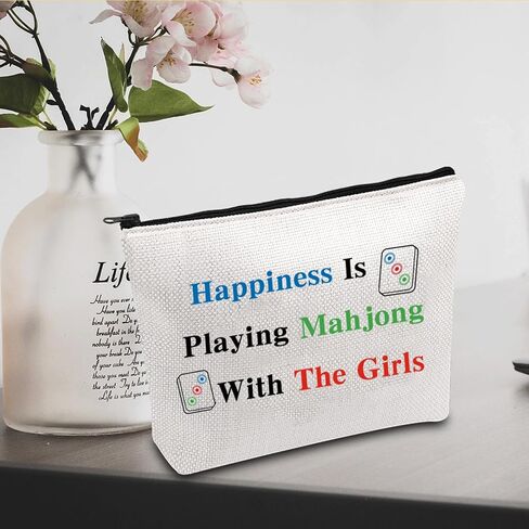 JXGZSO Mahjong Makeup Bag Happiness Is Playing Mahjong With The Girl Board Game Bag For Lucky Mahjong Player Mahjong Lover in Kuwait