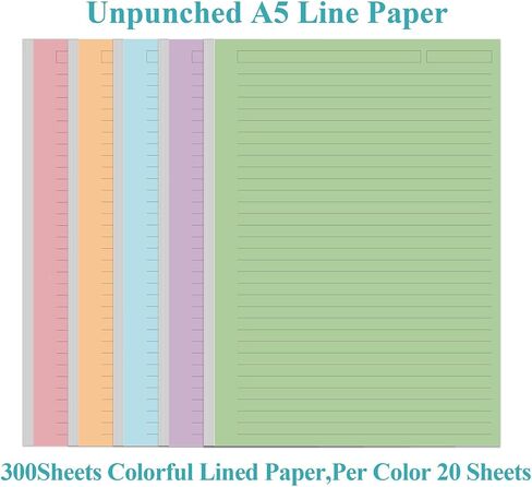 (3-Pack) Unpunched 5 Colorful Line Paper - 300 Sheets/600 Pages Loose Leaf Paper Line Refills, Per Color 60 Sheets, 5.8" x 8.5" in Saudi Arabia