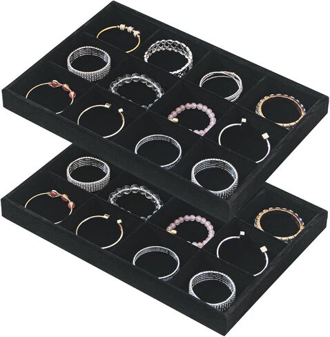 Byken 2 Pcs Stackable Jewelry Organizer Trays,12 Grids Jewelry Display Dish Tray for Selling Rings Bracelets Earrings,Bedside Desktop Storage Dish for Girls (Black) in Kuwait