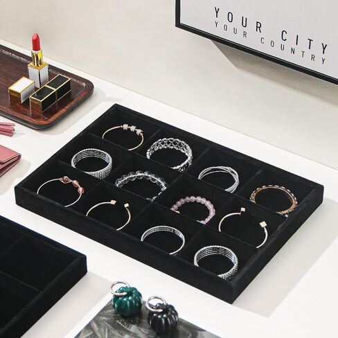 Byken 2 Pcs Stackable Jewelry Organizer Trays,12 Grids Jewelry Display Dish Tray for Selling Rings Bracelets Earrings,Bedside Desktop Storage Dish for Girls (Black) in Kuwait