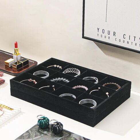 Byken 2 Pcs Stackable Jewelry Organizer Trays,12 Grids Jewelry Display Dish Tray for Selling Rings Bracelets Earrings,Bedside Desktop Storage Dish for Girls (Black) in Kuwait