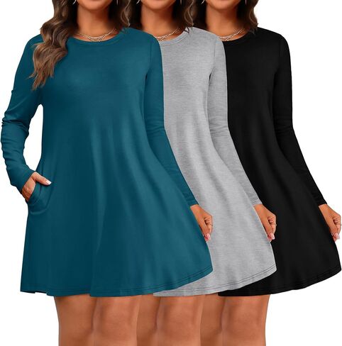 Huukeay 3 Pack Women's Plus Size Dress Long Sleeve Swing Dress Casual with Pockets Round Neck Loose Fit Flowy T Shirt Dress in Saudi Arabia
