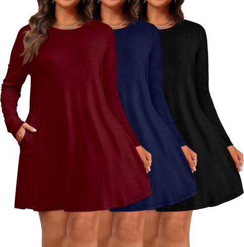 Huukeay 3 Pack Women's Plus Size Dress Long Sleeve Swing Dress Casual with Pockets Round Neck Loose Fit Flowy T Shirt Dress in Saudi Arabia
