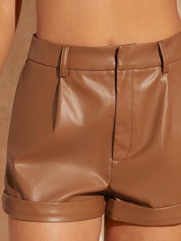 MakeMeChic Women's Faux Leather High Waist Flap Pocket Roll Hem PU Leather Shorts Brown B in Saudi Arabia