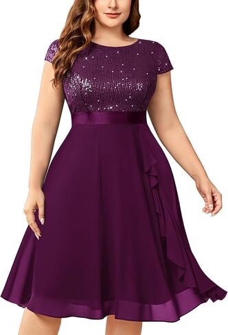 Knitee Women's Plus Size Elegant Sequin Chiffon Ruffle Hemline Glitter Cocktail Prom Flowy Dress in Kuwait
