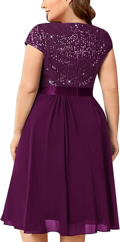 Knitee Women's Plus Size Elegant Sequin Chiffon Ruffle Hemline Glitter Cocktail Prom Flowy Dress in Kuwait