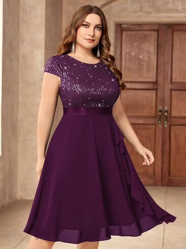 Knitee Women's Plus Size Elegant Sequin Chiffon Ruffle Hemline Glitter Cocktail Prom Flowy Dress in Kuwait