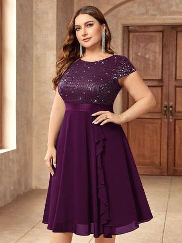 Knitee Women's Plus Size Elegant Sequin Chiffon Ruffle Hemline Glitter Cocktail Prom Flowy Dress in Kuwait