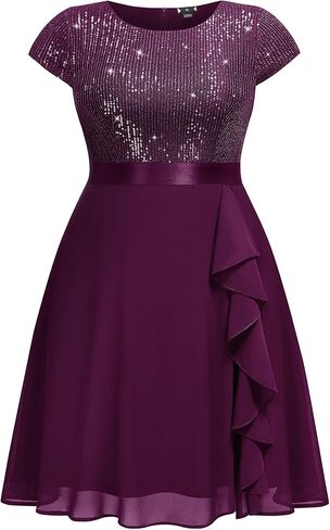 Knitee Women's Plus Size Elegant Sequin Chiffon Ruffle Hemline Glitter Cocktail Prom Flowy Dress in Kuwait