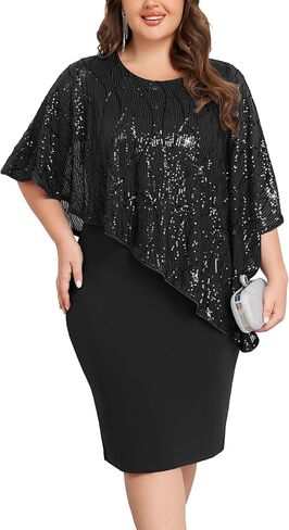 Hanna Nikole Women's Sleeveless Cape Dress with Sequin Overlay Sequin Bodycon Pencil Dress in Saudi Arabia