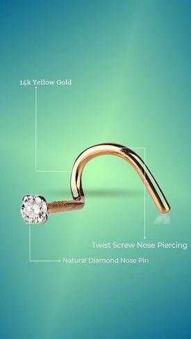 Demira Jewels الصلبة 14 كيلو الذهب الأصفر حقيقية الماس الأنف مسمار للنساء. الماس الأنف الدائري تويست المسمار الأنف ثقب المجوهرات in Kuwait