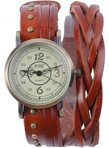 Genuine Leather Braided Strap Double Wrap Aound Watch for Women Vintage Bohemian Style Bronze Small 26mm Roman Number Dial Adjustable Wrap WatchBrown in Saudi Arabia