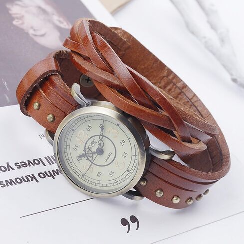 Genuine Leather Braided Strap Double Wrap Aound Watch for Women Vintage Bohemian Style Bronze Small 26mm Roman Number Dial Adjustable Wrap WatchBrown in Saudi Arabia