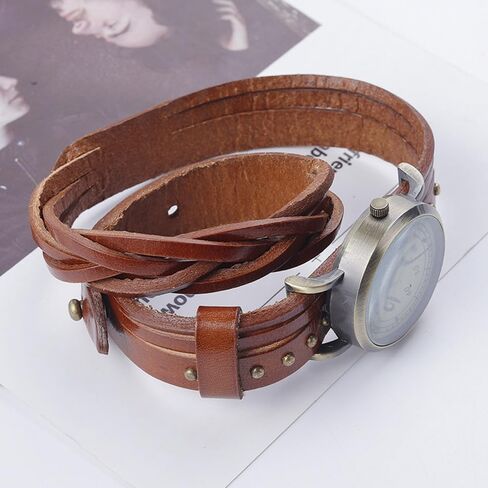 Genuine Leather Braided Strap Double Wrap Aound Watch for Women Vintage Bohemian Style Bronze Small 26mm Roman Number Dial Adjustable Wrap WatchBrown in Saudi Arabia