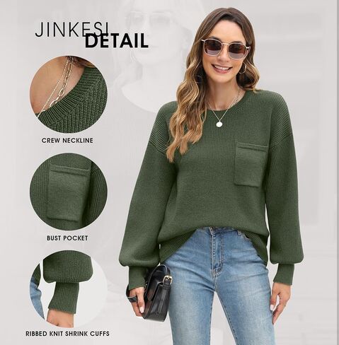 JINKESI Women's Casual Long Sleeve Sweaters Loose Crewneck Knit Solid Oversized Pullover Sweater Trendy Outfits in Saudi Arabia